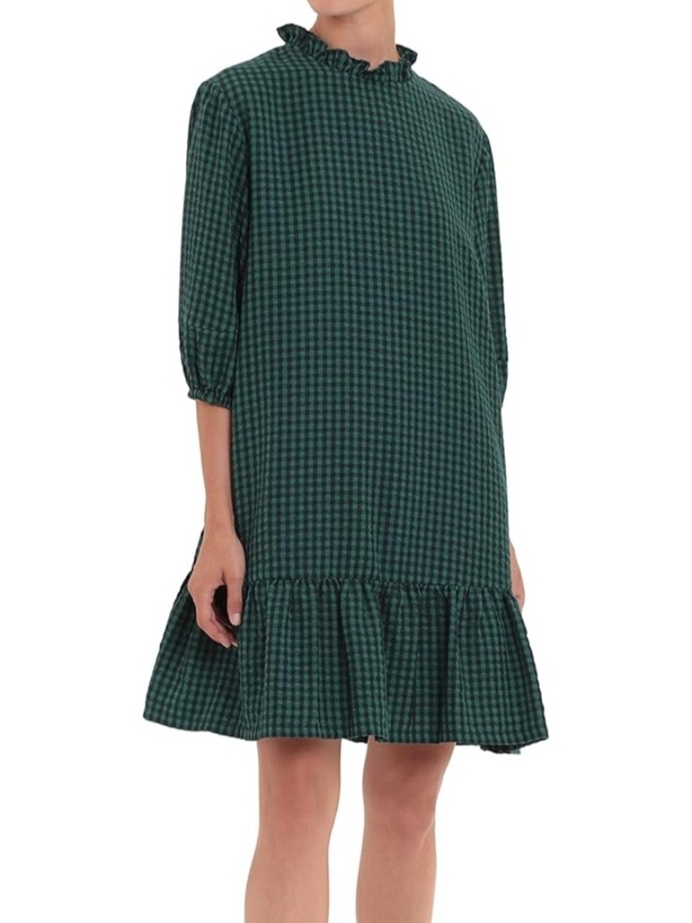 Donna Morgan Green Black Gingham 3/4 Sleeve  Flounce Swiftie Dress; Sz 12